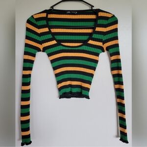Zara Women's Ribbed Striped Long Sleeve Cropped Top Size Small